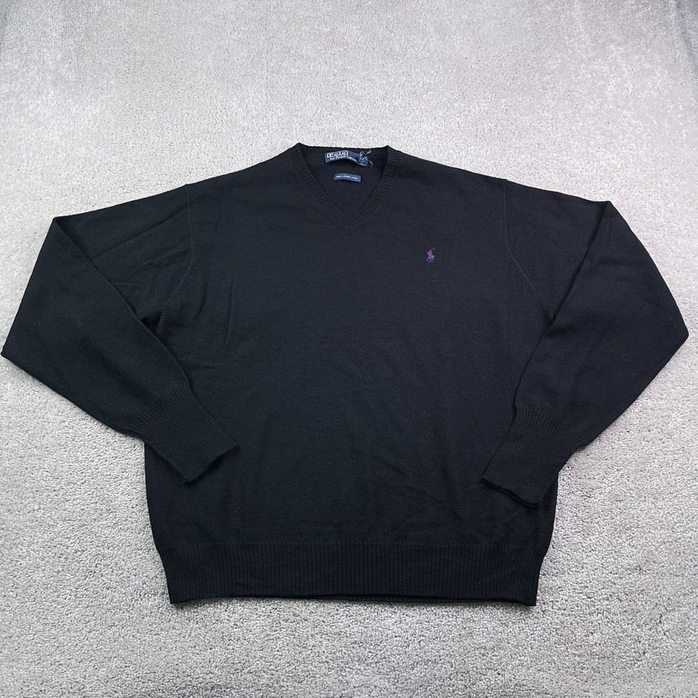Vintage‎ Polo Ralph Lauren Sweater Mens Large Black V Neck Lambswool Preppy